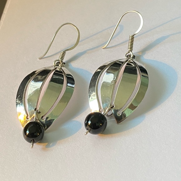 Taxco 925 Sterling Silver Modernist Black Onyx Dangle Earrings - Picture 9 of 9